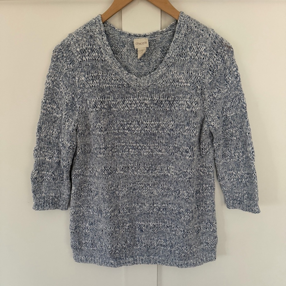 Chico's Women's Sweater Blue White Open Weave Coastal Grandma V-Neck Nautical L